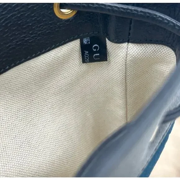 Women's Gucci OPHIDIA blue velvet bucket bag with leather trim, and web stripe - Picture 12 of 16